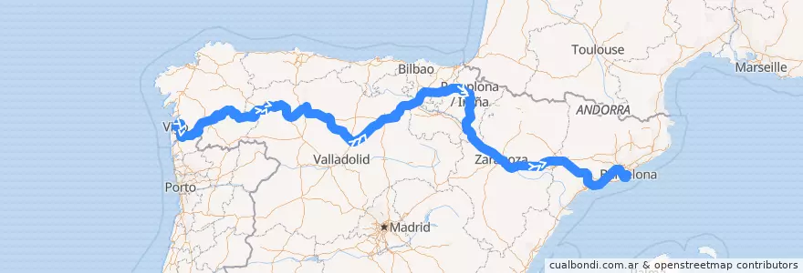 Mapa del recorrido Alvia Vigo - Barcelona de la línea  en İspanya.