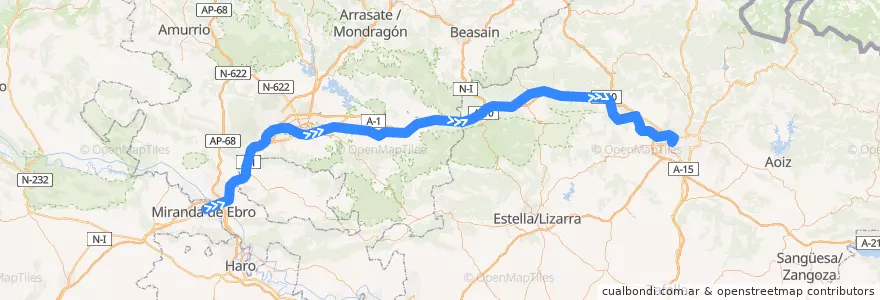 Mapa del recorrido Regional Exprés 16019 Miranda de Ebro → Pamplona/Iruña de la línea  en Sepanyol.