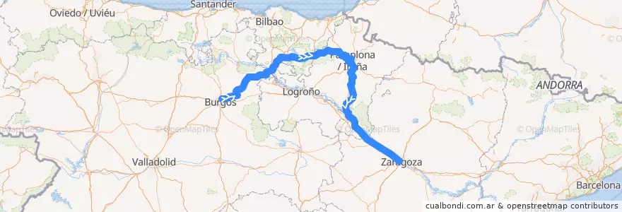 Mapa del recorrido Regional Exprés 18029 Burgos-Rosa de Lima → Zaragoza-Miraflores de la línea  en إسبانيا.