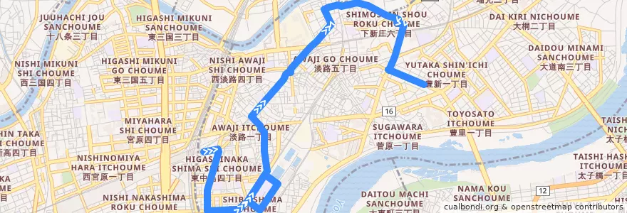 Mapa del recorrido 新大阪駅東口～東淀川区役所前 de la línea  en 東淀川区.
