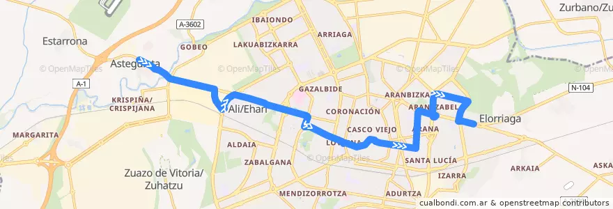 Mapa del recorrido L5a Astegieta → Salburua de la línea  en Vitoria-Gasteiz.