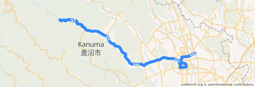 Mapa del recorrido 鹿沼市リーバス上久我線 鹿沼駅⇒新鹿沼宿⇒石裂山 de la línea  en 鹿沼市.