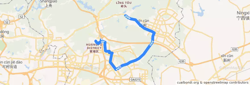 Mapa del recorrido 327A路(岭头总站-科城山庄总站) de la línea  en 黄埔区.