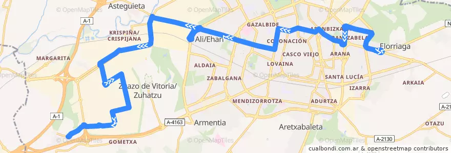 Mapa del recorrido L5b Salburua → Jundiz → Ariñez de la línea  en Vitoria-Gasteiz.