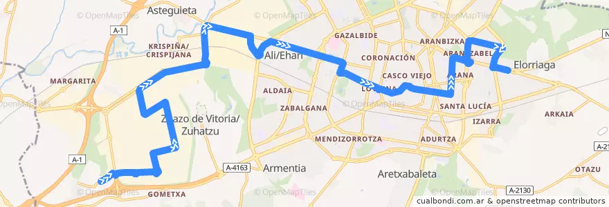 Mapa del recorrido L5b Ariñez → Jundiz → Salburua de la línea  en Vitoria-Gasteiz.