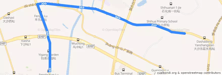 Mapa del recorrido 328路[丰乐南路总站-大沙东(广州航海学院)总站] de la línea  en 黄埔区.