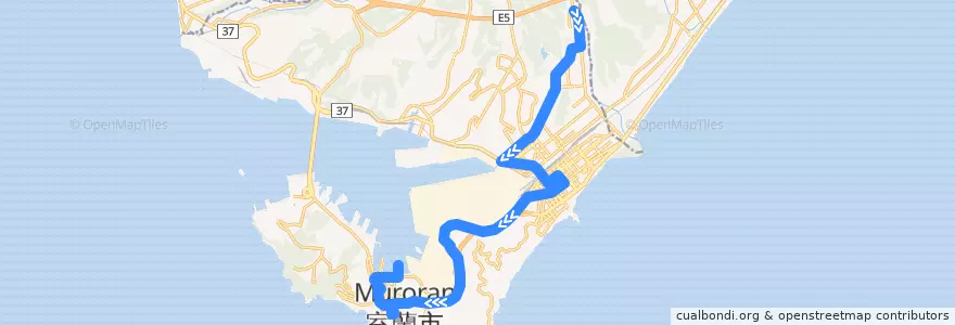 Mapa del recorrido フェリー・工大・ろう学校線 de la línea  en 室蘭市.