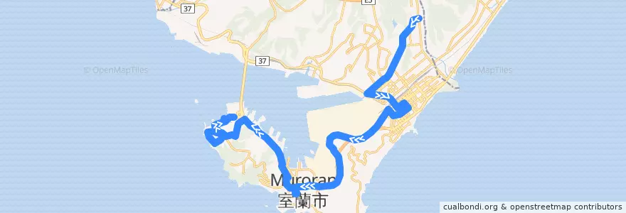 Mapa del recorrido みたら・水族館前工大線 de la línea  en 室蘭市.