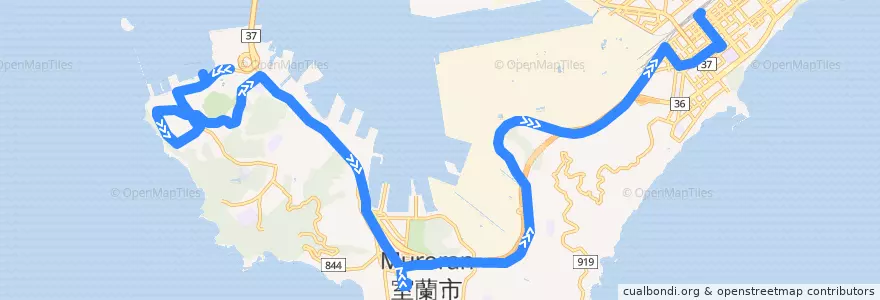 Mapa del recorrido みたら・水族館前東室蘭駅東口線 de la línea  en 室蘭市.