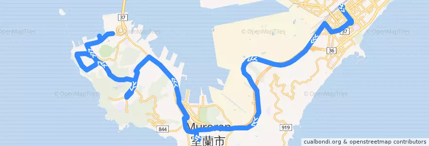 Mapa del recorrido みたら・水族館前東室蘭駅東口線 de la línea  en Muroran.