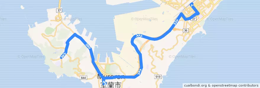 Mapa del recorrido みたら・水族館前東室蘭駅東口線 de la línea  en 室蘭市.