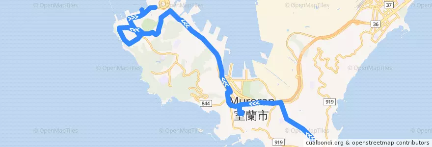 Mapa del recorrido みたら・水族館前地球岬団地線 de la línea  en 室蘭市.