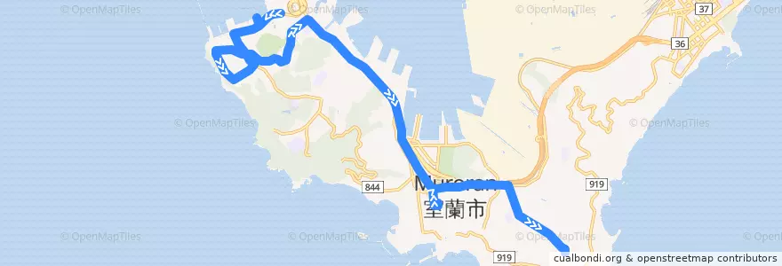 Mapa del recorrido みたら・水族館前地球岬団地線 de la línea  en Муроран.