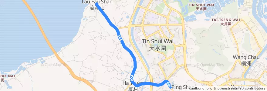 Mapa del recorrido 港鐵巴士K65綫 MTR Bus K65 (天水圍站 Tin Shui Wai Station → 流浮山 Lau Fau Shan) de la línea  en 元朗區 Yuen Long District.