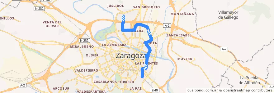 Mapa del recorrido Bus 44: Campus Río Ebro => Miraflores de la línea  en Zaragoza.