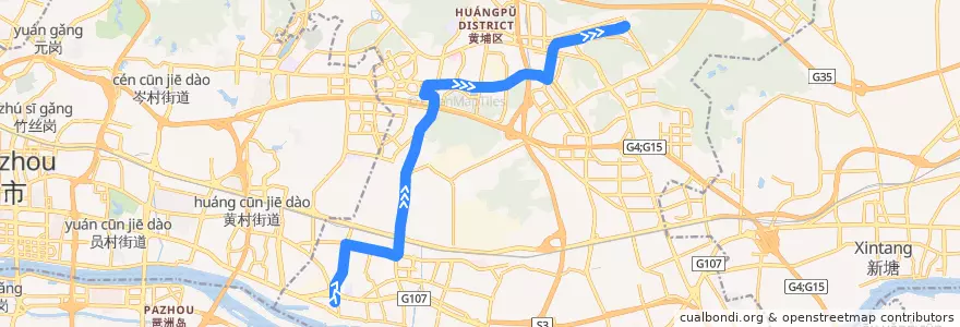 Mapa del recorrido 339路[地铁鱼珠站总站-萝岗香雪(梅花世界)总站] de la línea  en Huangpu District.