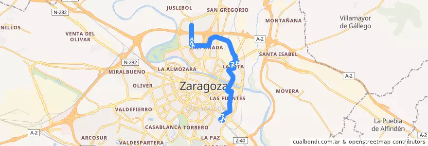 Mapa del recorrido Bus 44: Miraflores => Campus Río Ebro de la línea  en ساراگوسا.
