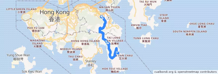 Mapa del recorrido 新巴9號線 NWFB 9 (筲箕灣 Shau Kei Wan → 石澳 Shek O (不經鶴咀 omit Cape D'Aguilar)) de la línea  en Île de Hong Kong.