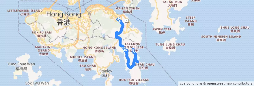 Mapa del recorrido 新巴9號線 NWFB 9 (筲箕灣 Shau Kei Wan → 石澳 Shek O (不經鶴咀 omit Cape D'Aguilar; 經大浪灣 via Big Wave Bay)) de la línea  en جزيرة هونغ كونغ.