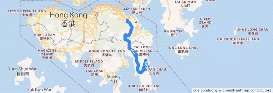 Mapa del recorrido 新巴9號線 NWFB 9 (石澳 Shek O → 筲箕灣 Shau Kei Wan (不經鶴咀 omit Cape D'Aguilar)) de la línea  en 홍콩섬.
