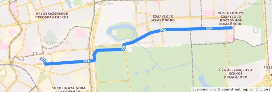 Mapa del recorrido Трамвай 34к: Метро «Семёновская» => 16-я Парковая улица de la línea  en Eastern Administrative Okrug.