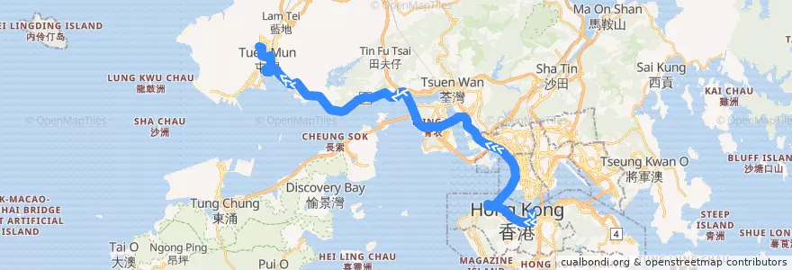 Mapa del recorrido 過海隧巴961線 Cross-harbour Bus 961 (灣仔（會展） Wan Chai (HKCEC) → 山景 Shan King) de la línea  en Yeni Bölgeler.