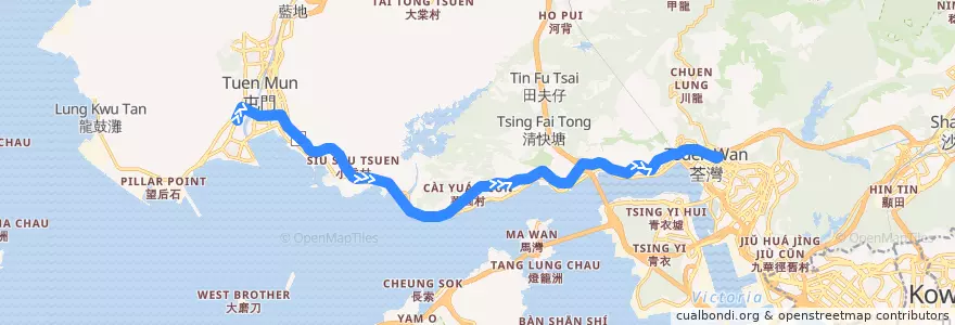 Mapa del recorrido 九巴259E線 KMB 259E (富健花園 Glorious Garden → 荃灣站 Tsuen Wan Station) de la línea  en Nouveaux Territoires.