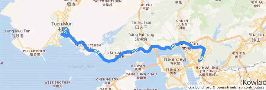 Mapa del recorrido 九巴260C線 KMB 260C (葵芳站 Kwai Fong Station → 三聖 Sam Shing) de la línea  en Novos Territórios.