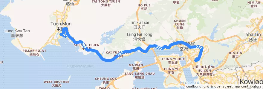 Mapa del recorrido 九巴260C線 KMB 260C (三聖 Sam Shing → 葵芳站 Kwai Fong Station) de la línea  en 新界 New Territories.
