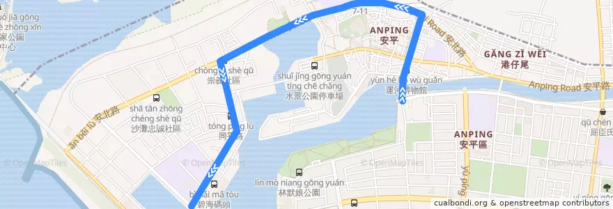 Mapa del recorrido 19路(延駛臺南海事_往程) de la línea  en 安平區.