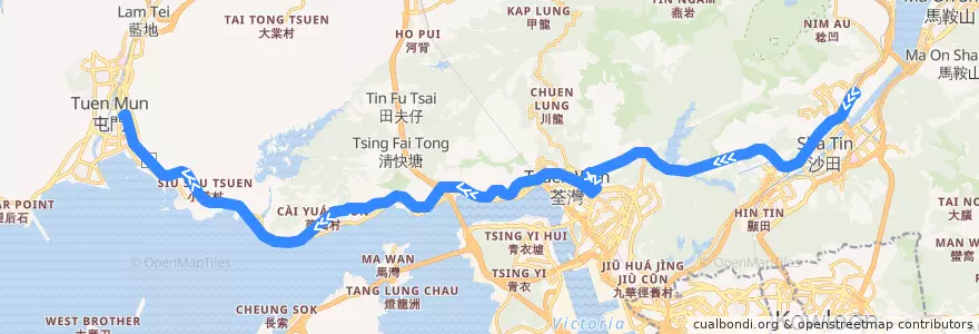 Mapa del recorrido 九巴868線 KMB 868 (沙田馬場 Sha Tin Racecourse → 屯門市中心 Tuen Mun Central) de la línea  en Nuovi Territori.