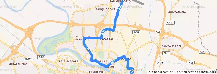 Mapa del recorrido Bus 50: Vadorrey => San Gregorio de la línea  en Saragosse.