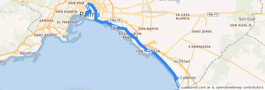 Mapa del recorrido Bus 15: Platja de Palma → Plaça de la Reina de la línea  en Пальма.