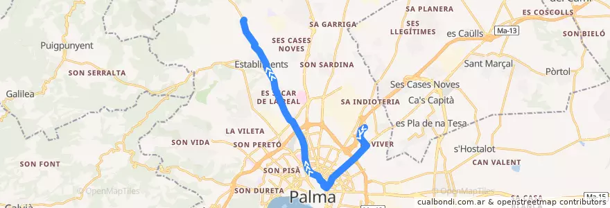 Mapa del recorrido Bus 16: Son Fuster → Establimenst de la línea  en Palma.
