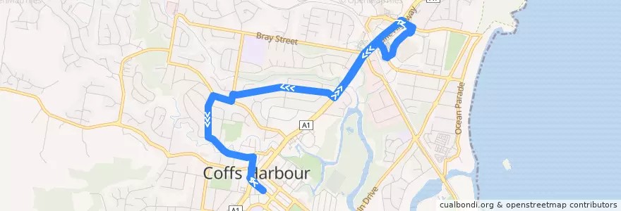 Mapa del recorrido Park Beach Plaza to Park Ave via Frances St de la línea  en Coffs Harbour City Council.