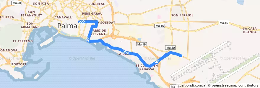 Mapa del recorrido Bus 18: Palma → Son Riera de la línea  en Palma.