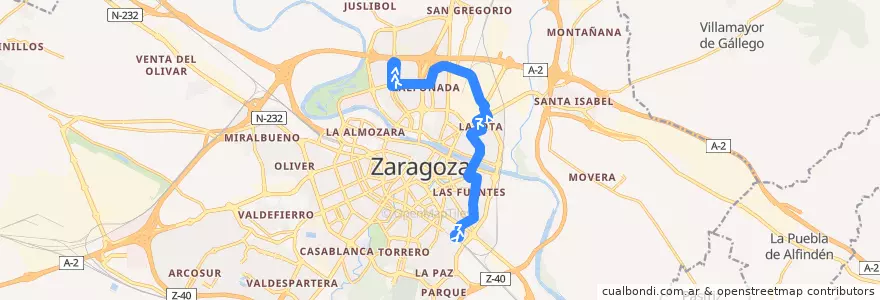 Mapa del recorrido Bus 44: Miraflores => Actur (Rey Fernando) de la línea  en Сарагоса.