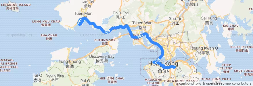 Mapa del recorrido 過海隧巴962P線 Cross-harbour Bus 962P (龍門居 Lung Mun Oasis​ → 銅鑼灣 Causeway Bay) de la línea  en Nuevos Territorios.