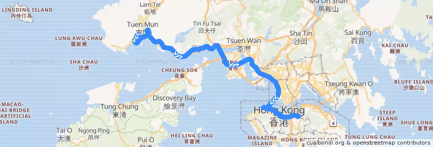 Mapa del recorrido 過海隧巴962X線 Cross-harbour Bus 962X (龍門居 Lung Mun Oasis​ → 銅鑼灣 Causeway Bay) de la línea  en New Territories.