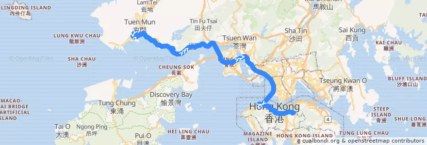 Mapa del recorrido 過海隧巴962線 Cross-harbour Bus 962 (龍門居 Lung Mun Oasis​ → 銅鑼灣 Causeway Bay (不經屯門碼頭區 omit Tuen Mun Pier Area)) de la línea  en 新界 New Territories.