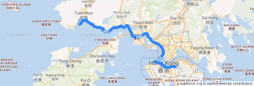 Mapa del recorrido 過海隧巴962線 Cross-harbour Bus 962 (龍門居 Lung Mun Oasis​ → 銅鑼灣 Causeway Bay) de la línea  en Nuevos Territorios.
