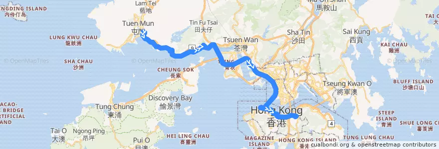 Mapa del recorrido 過海隧巴962B線 Cross-harbour Bus 962B (置樂花園 Chi Lok Fa Yuen​ → 銅鑼灣 Causeway Bay) de la línea  en Новые Территории.