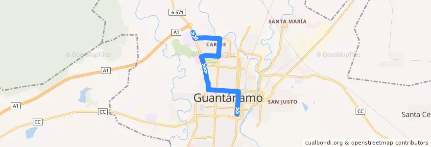 Mapa del recorrido Ruta 5: Vocacional => Parque 24 Febrero de la línea  en Ciudad de Guantánamo.