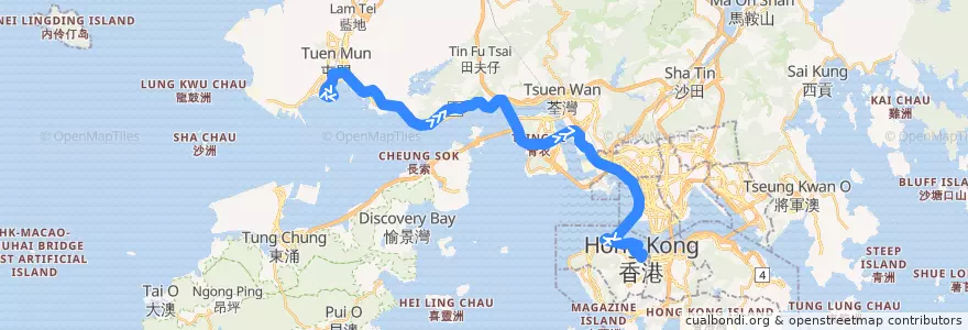 Mapa del recorrido 過海隧巴962A線 Cross-harbour Bus 962A (悅湖山莊 Yuet Wu Villa​ → 金鐘 Admiralty) de la línea  en Wilayah Baru.
