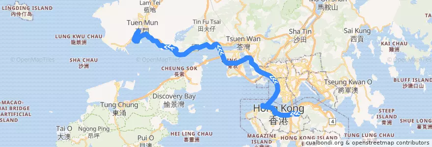 Mapa del recorrido 過海隧巴962線 Cross-harbour Bus 962 (銅鑼灣 Causeway Bay → 龍門居 Lung Mun Oasis​) de la línea  en Nouveaux Territoires.