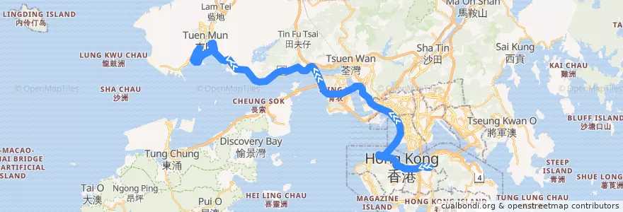 Mapa del recorrido 過海隧巴962X線 Cross-harbour Bus 962X (銅鑼灣 Causeway Bay → 龍門居 Lung Mun Oasis​) de la línea  en Wilayah Baru.