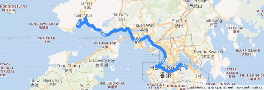 Mapa del recorrido 過海隧巴962C線 Cross-harbour Bus 962C (鰂魚涌 Quarry Bay → 龍門居 Lung Mun Oasis​) de la línea  en New Territories.
