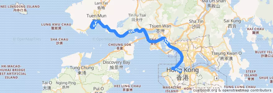 Mapa del recorrido 過海隧巴X962線 Cross-harbour Bus X962 (中環 Central → 龍門居 Lung Mun Oasis​) de la línea  en Nouveaux Territoires.
