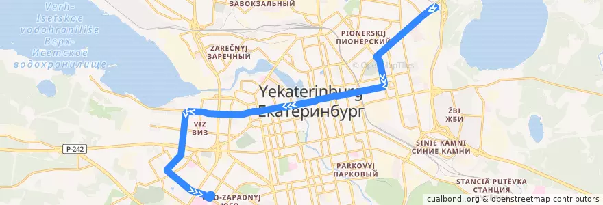 Mapa del recorrido Трамвай 18. Шарташ - Волгоградская de la línea  en エカテリンブルク管区.