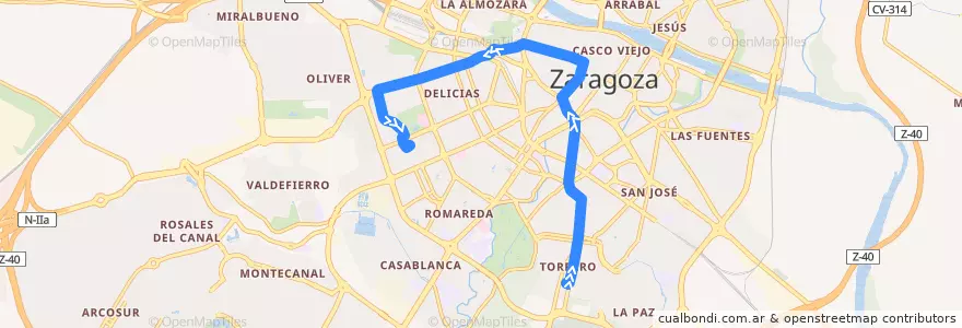 Mapa del recorrido Bus 33: Pinares de Venecia => Delicias de la línea  en Zaragoza.